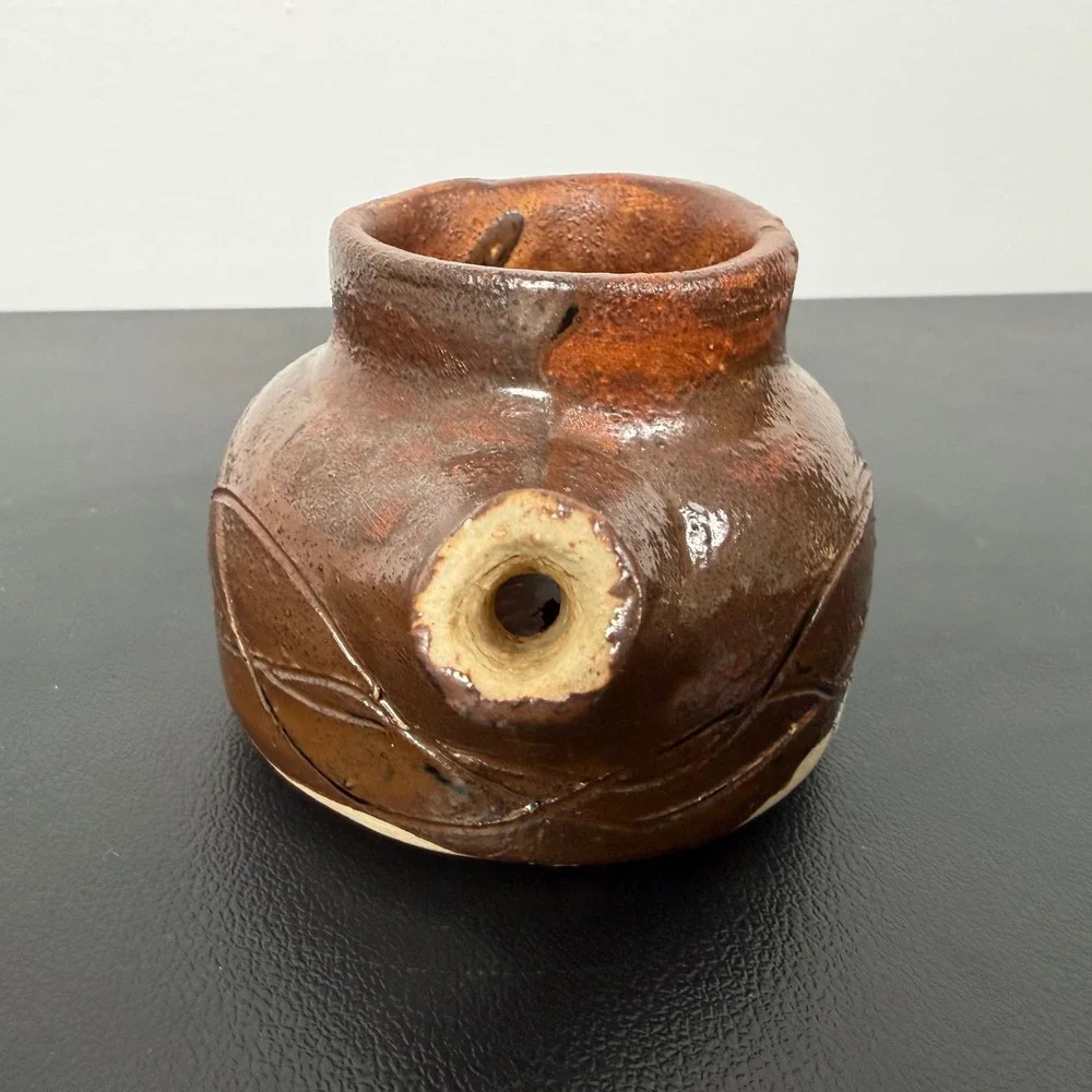 Studio Pottery Handcrafted Brown Glazed Spouted Vessel Signed GL Rustic Decor